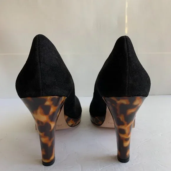 Martinez Valero Black Suede Leopard Print Platform Peep Toe Heels - Sz. 11m - Picture 5 of 7